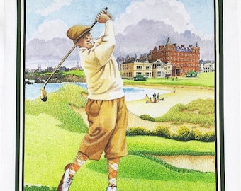 Links Golf Retro Style Large Cotton Tea Towel