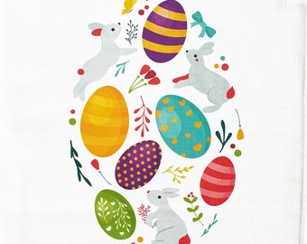 Happy Easter - Bunny and Eggs Design Large Cotton Tea Towel