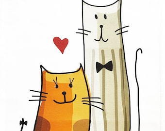 The Cat Couple - large cotton Tea Towel