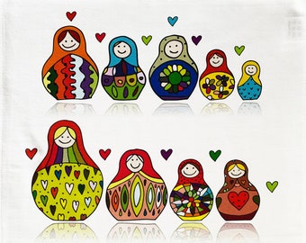 The Colourful Russian Doll (Matryoshka) Large Cotton Tea Towel