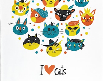I Love Cats - Large Cotton Tea Towel