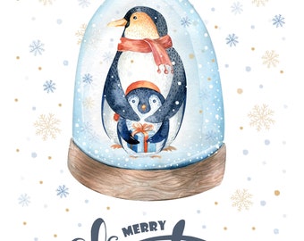Merry Christmas Penguins in a Snowglobe - Large Tea Towel