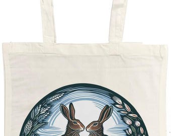 Cotton Tote Bag with Hares, Printed Both Sides, 38 x 43 Centimetres, Unisex