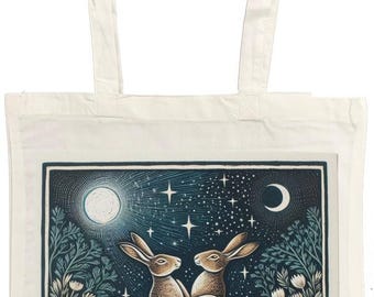 Courting Hares Linocut Art Cotton Tote Bag, Folk Botanical Nature Design