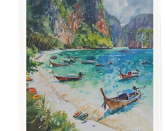 Koh Phi Phi Thailand Cotton Tea Towel – Tropical Beach Watercolour Design