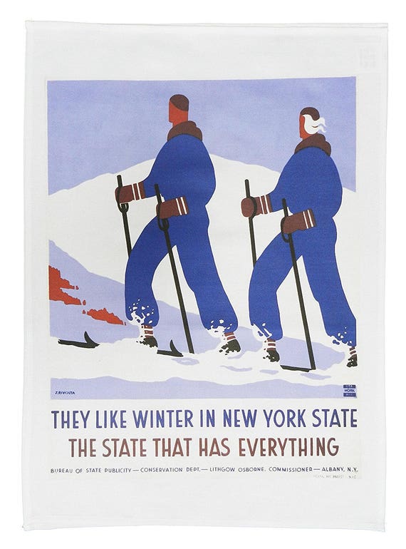 Winter in New York State Retro Travel Poster Large Cotton Tea Towel