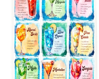Classic Cocktail Recipe Cotton Tea Towel – Margarita, Mojito, Cosmopolitan & More