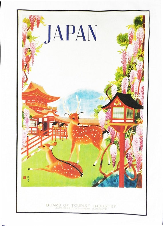 Japan - Retro Style Travel Poster Large Cotton Tea Towel