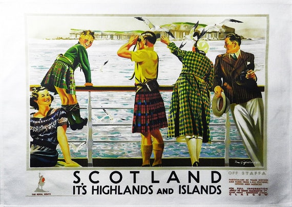 Scotland Highlands and Islands- Retro Style Travel Poster Large Cotton Tea Towel