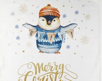 Merry Christmas Penguin Large Cotton Tea Towel