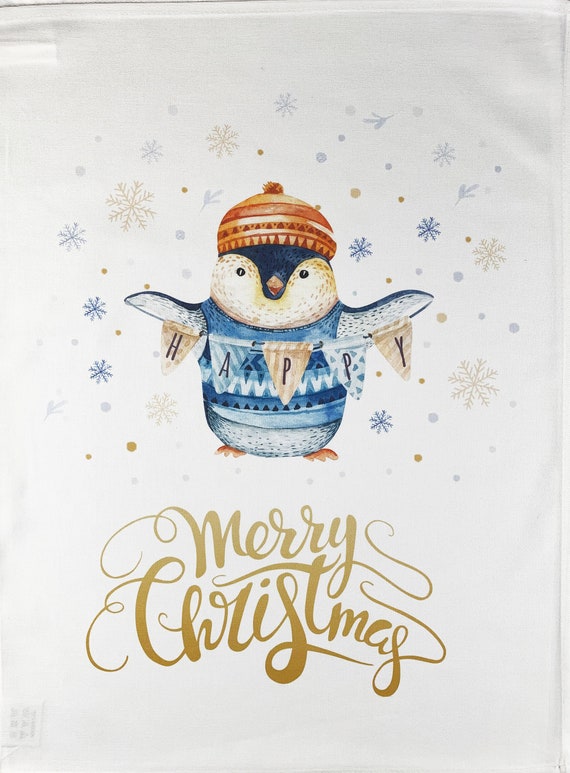 Merry Christmas Penguin Large Cotton Tea Towel