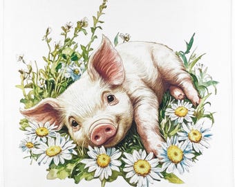 Pig among the daisies large cotton tea towel