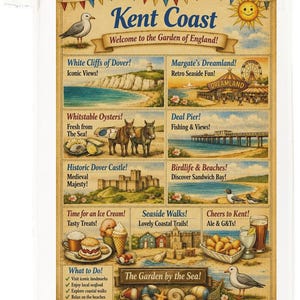 May include: A rectangular tea towel featuring a vintage-style illustration of the Kent Coast. The design includes text, a seagull, the White Cliffs of Dover, Margate's Dreamland, Whitstable Oysters, Deal Pier, Dover Castle, and various coastal scenes.
