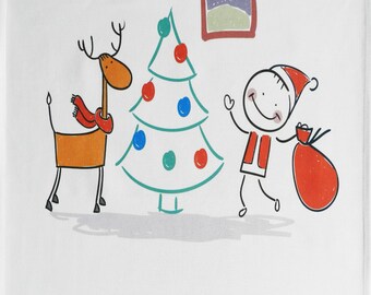 Rocking around the Christmas Tree with Santa and his Reindeer- Cotton Christmas Tea Towel