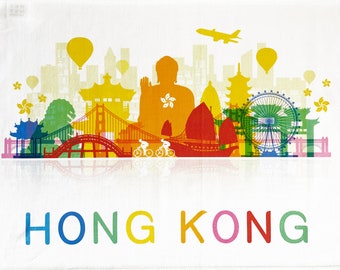 Colourful Hong Kong Skyline - Large Cotton Tea Towel