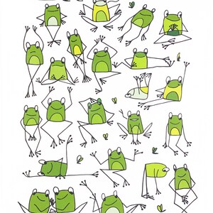 May include: A whimsical illustration featuring numerous green frogs in various poses. The frogs have white bellies and are depicted with simple black outlines. Some frogs are stretching, while others are lounging, creating a playful and lively scene.