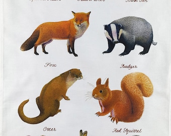Hand Drawn Wildlife Animals Large Cotton Tea Towel