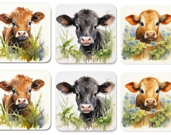 Baby Cow Coasters Set of 6, Watercolour Design with Cork Backing, 9.3 x 9.3cm