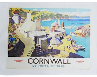 Cornwall See Britain by Train - Retro Style Travel Poster Large Cotton Tea Towel