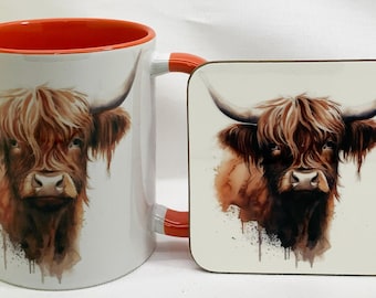 Highland Cow Mug and Coaster Set, Watercolor Scottish Cattle, Orange Interior