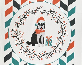 The Christmas Husky Dog - Large Cotton Tea Towel