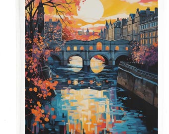 City of Bath Tea Towel, Vintage Travel style, Pulteney Bridge Art