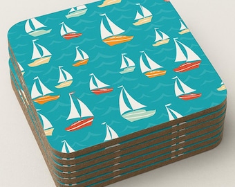 Yacht Drink Coasters, Teal, Cork, Square, 9.5 x 9.5 Centimetres, Nautical Theme, Set of 6