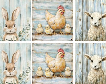 Easter Coasters 6 Pack, Square, 9.5cm, Colourful Spring Design with Bunnies and Eggs