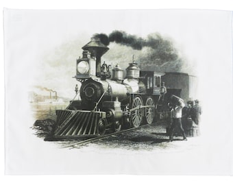 Retro Steam Train Hand Drawn Large Cotton Tea Towel