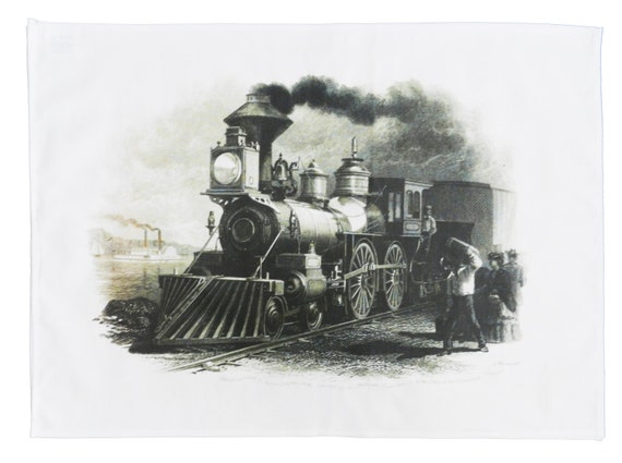Retro Steam Train Hand Drawn Large Cotton Tea Towel