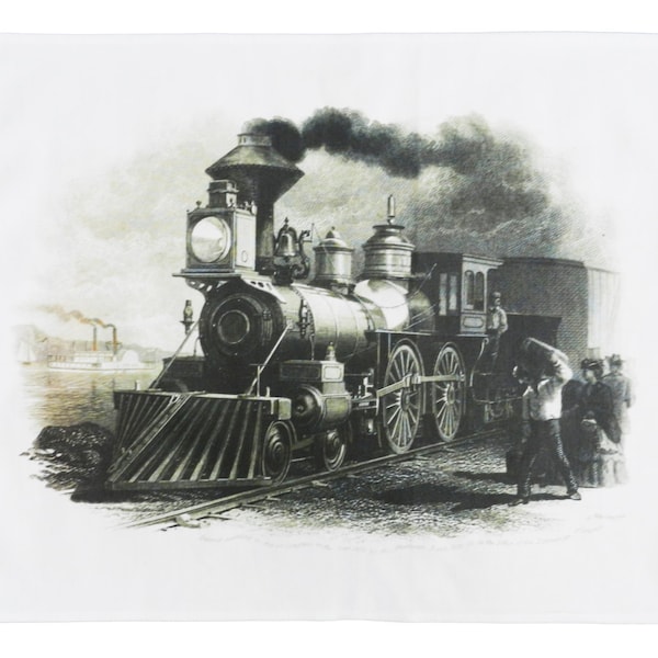 Retro Steam Train Hand Drawn Large Cotton Tea Towel