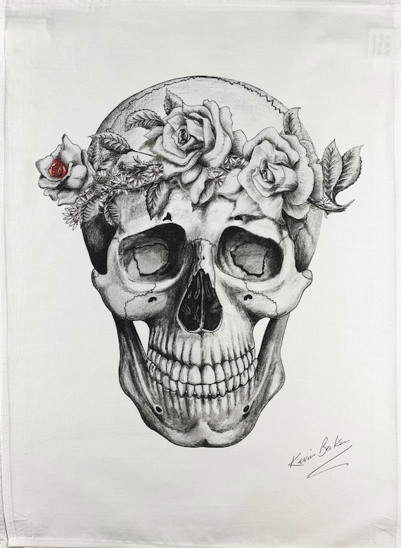 Hand Drawn Skull with Roses and Daisy Head Dress Large Cotton Tea Towel