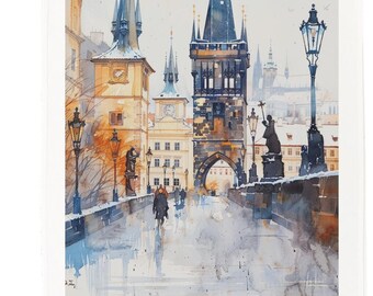 Watercolour Prague Cotton Tea Towel – Charles Bridge & Old Town Architecture