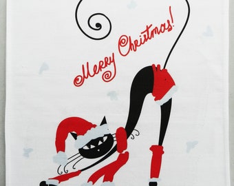 Merry Christmas from the Cat - Large Christmas Tea Towel