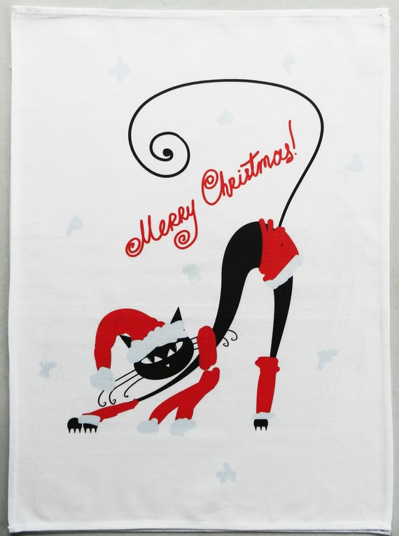 Merry Christmas from the Cat - Large Christmas Tea Towel