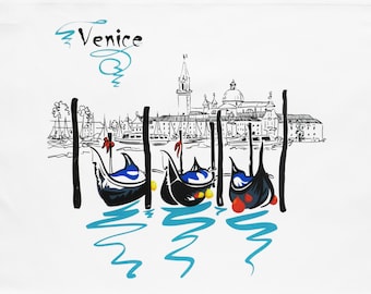 Gondolas of Venice - Retro Style Travel Poster Large Cotton Tea Towel