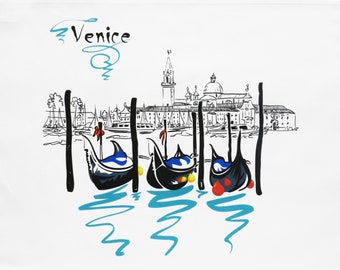 Gondolas of Venice - Retro Style Travel Poster Large Cotton Tea Towel