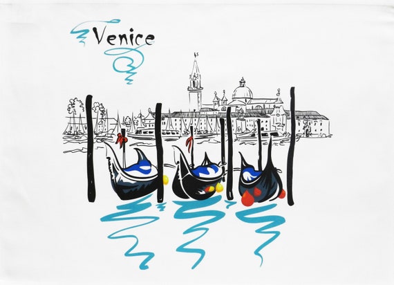 Gondolas of Venice - Retro Style Travel Poster Large Cotton Tea Towel