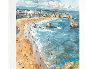 Biarritz France Cotton Tea Towel, Vintage Travel Art