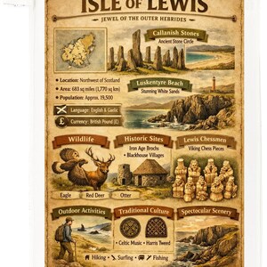 May include: A vintage-style poster for the Isle of Lewis, featuring a map, Callanish Stones, Luskentyre Beach, wildlife illustrations, and Lewis Chessmen. Includes text about location, area, population, language, and currency.