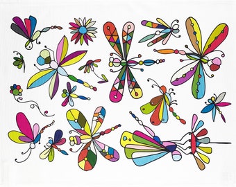 Colourful Collection of Dragonflies Large Cotton Tea Towel