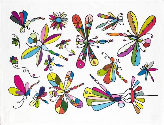 Colourful Collection of Dragonflies Large Cotton Tea Towel
