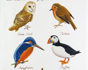 Hand Drawn British Birds Collection Large Cotton Tea Towel
