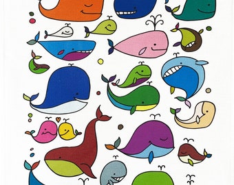 The Happy and Colourful Pod of Whales - Large Cotton Tea Towel
