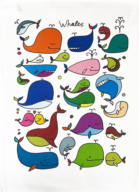 The Happy and Colourful Pod of Whales - Large Cotton Tea Towel