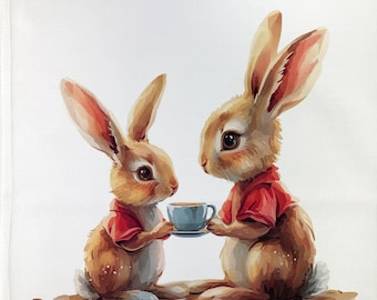 A nice cup of tea between bunnies large cotton tea towel