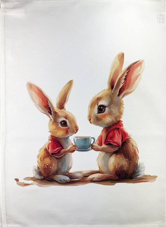 A nice cup of tea between bunnies large cotton tea towel