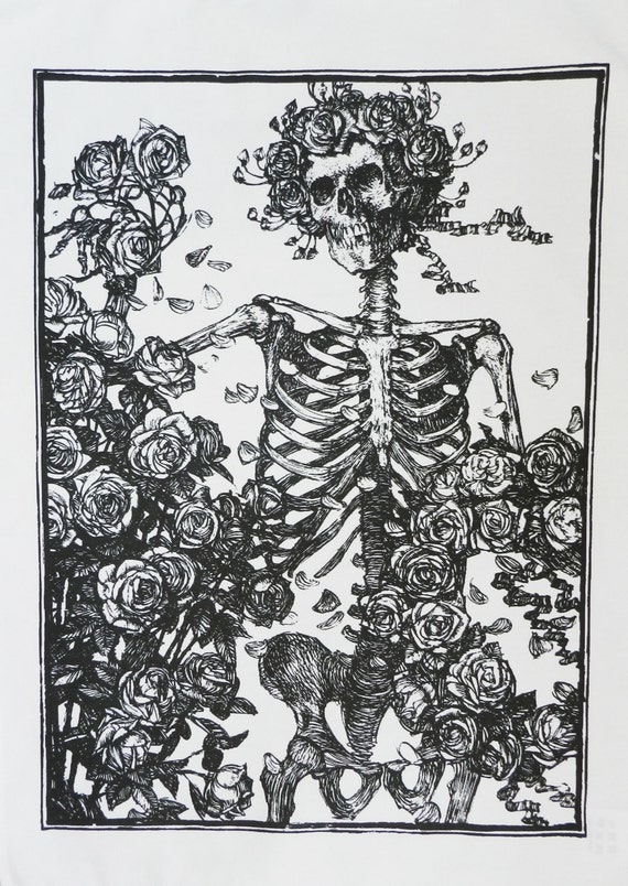 Skeleton and Roses Gothic Design Cotton Tea Towel