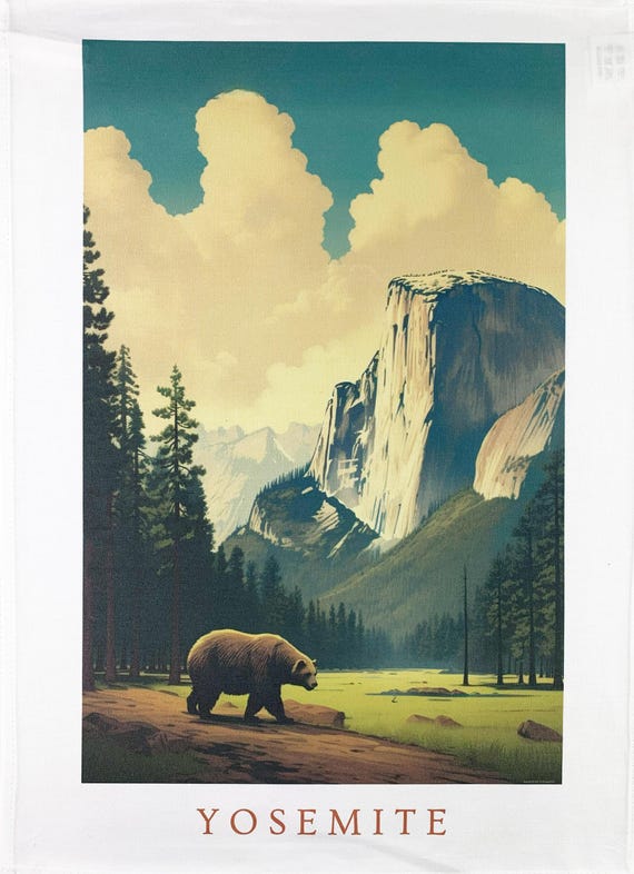 Bear in Yosemite large cotton tea towel