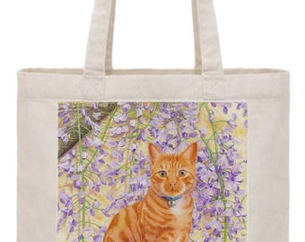 Orange Tabby Cat Art Tote Bag, Natural Cotton, Wisteria Floral Print